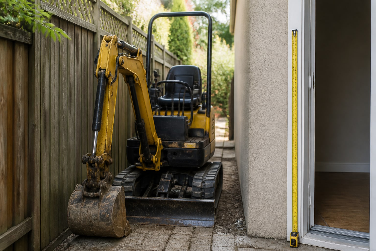 Mini excavator raportat la o ușă rezidențială