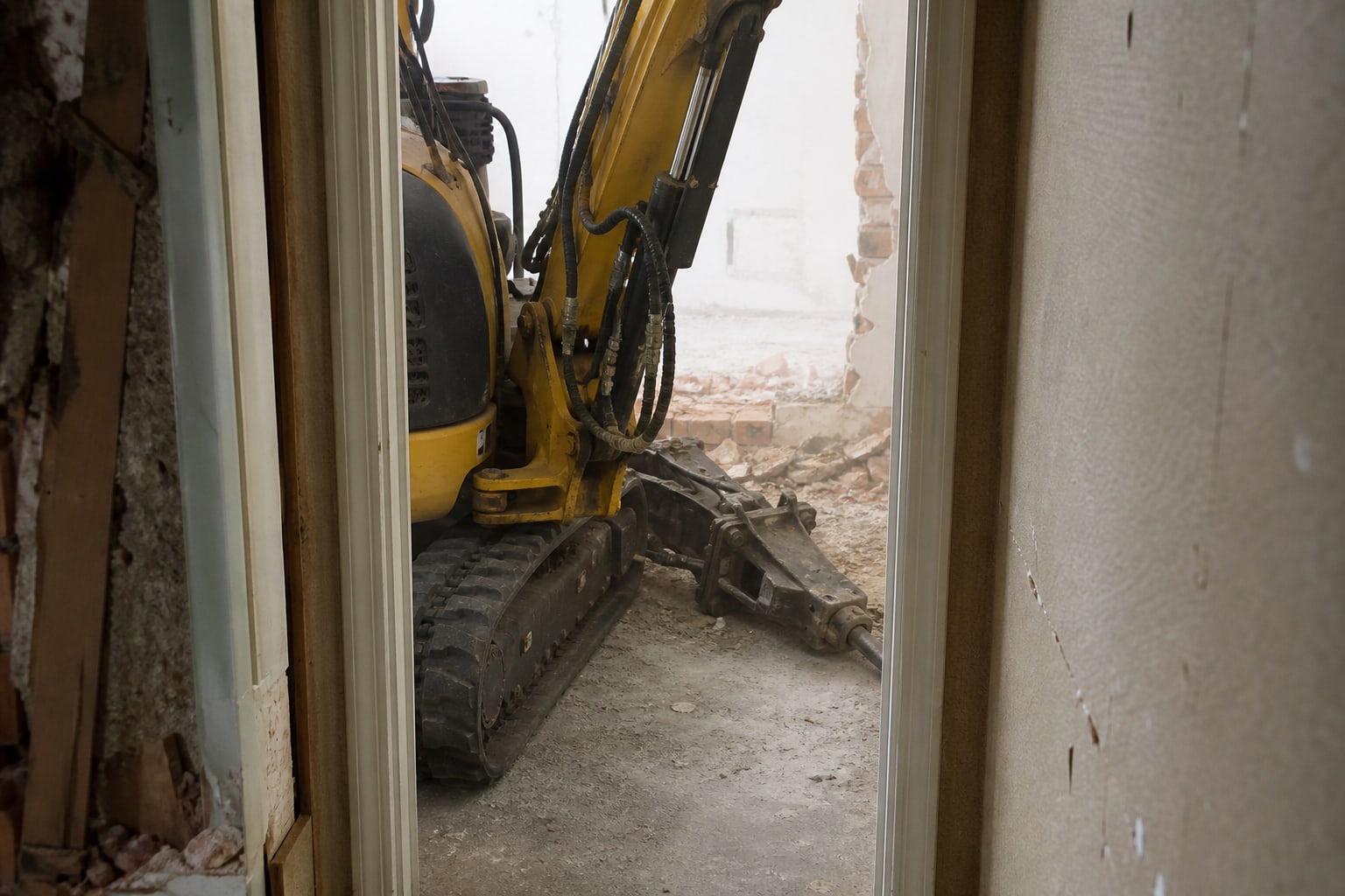 Mini excavator la lucru în interior, printr-o deschidere îngustă